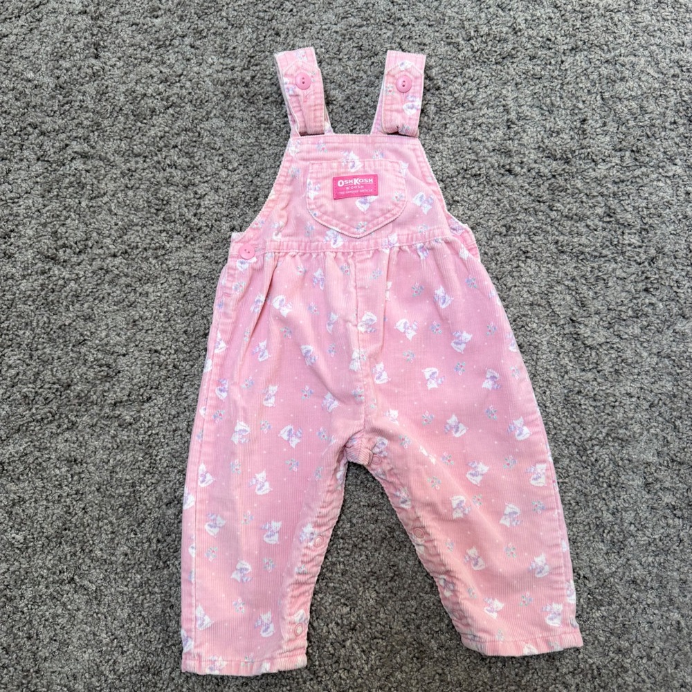 Vintage OshKosh B'gosh Kitten Print Cat Pink Corduroy Overalls Bow Baby Girl 12M